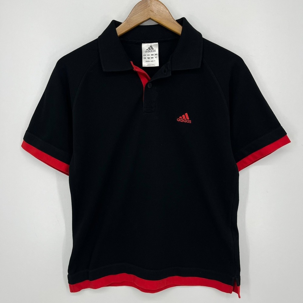 Adidas Polo Shirt Mens Asian Size S Black Red Embroidered Logo Short Sleeve